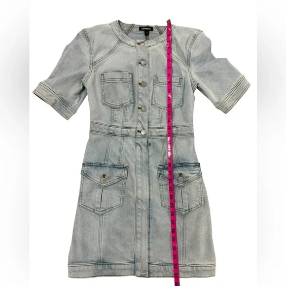 Express Light Blue Denim Padded Shoulder Button up mini dress Size S - Picture 8 of 10